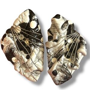 Clip On Earrings Abstract Black White Memphis Style Leather Wire 80s Handcrafted